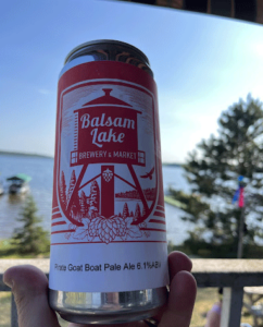 A can of Balsam Lake Brewery's ice cream stout beside the lake.