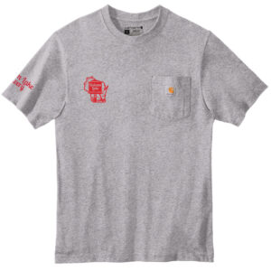 Grey carhartt t-shirt with Red Balsam lake brewery logo on left breast, and red balsam lake brewery written on arm