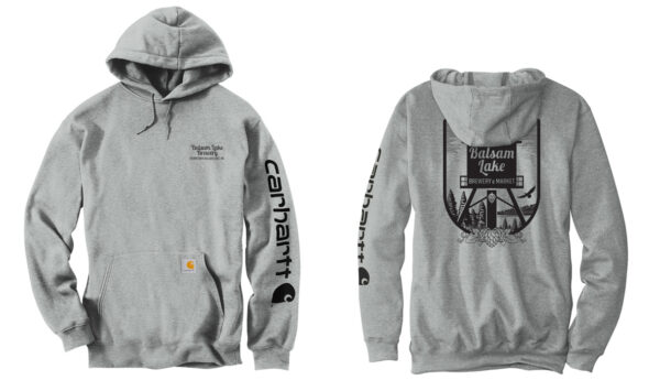 Grey Carhartt Hoodie with black writing. Balsam Lake Brewery on breast and logo on back