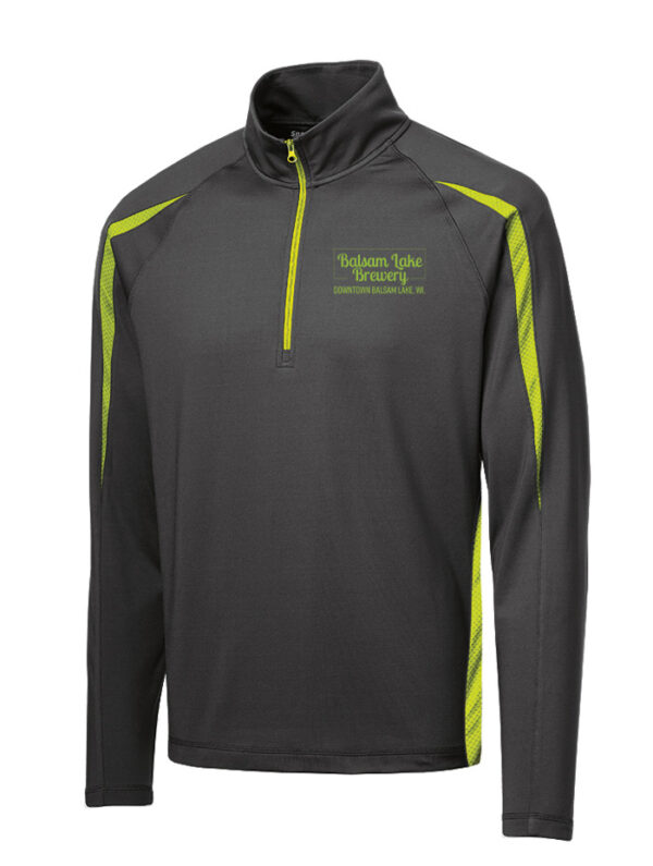 Quarter zip grey neon green pullover, with Balsam Lake Brewery written on the left breast