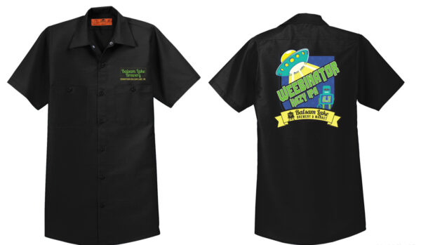 A black Brewer's Shirt with a green Weebinator logo on it.