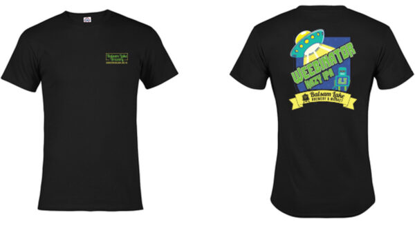 Black T-shirt with Balsam Lake Brewery on the breast, and Weebinator Hazy IPA on back with a UFO and Robot