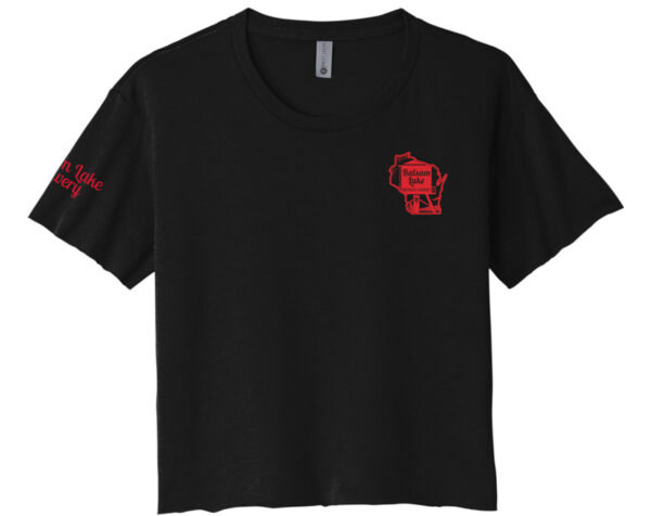 A black Crop Top Tee featuring a red robot design, perfect for apparel enthusiasts.