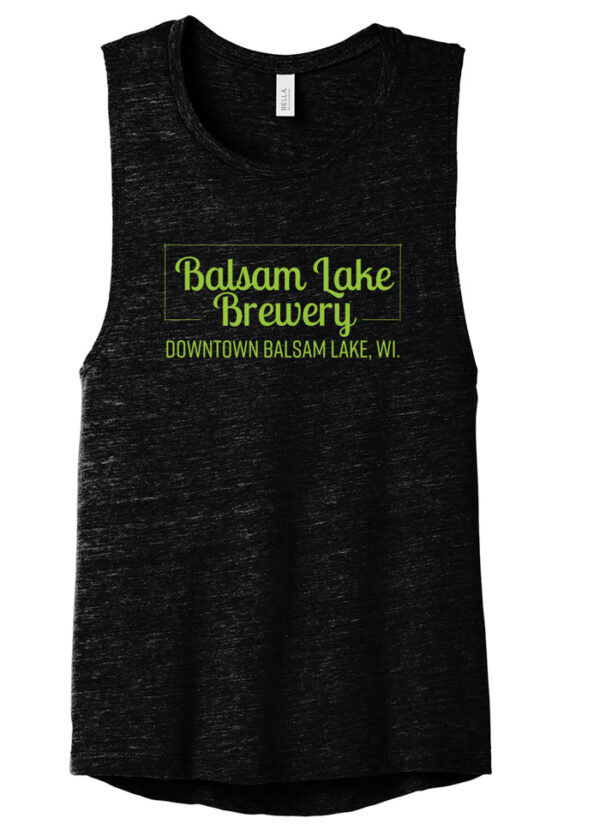 Black & Neon tank top womens, reads Balsam Lake Brewery Downtown Balsam Lake, WI