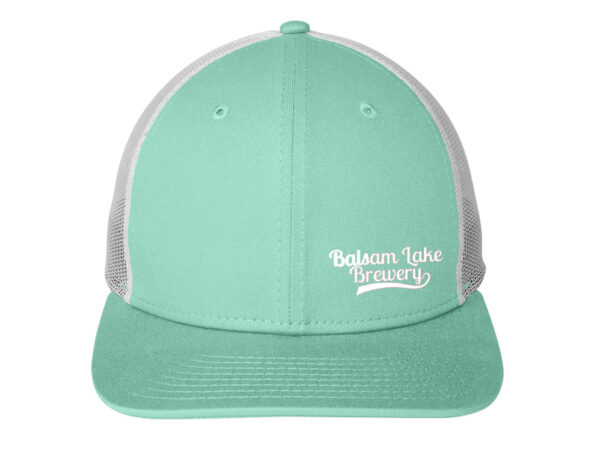 A mint and white baseball cap with the words 'Balsam Lake Brewery' on it, perfect for adding to your hat collection.