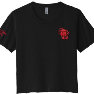 A black Crop Top Tee featuring a red robot design, perfect for apparel enthusiasts.