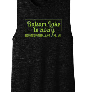 Black & Neon tank top womens, reads Balsam Lake Brewery Downtown Balsam Lake, WI