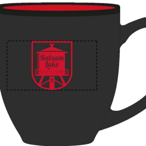 Black ceramic coffee mug with red Balsam Lake Brewery logo