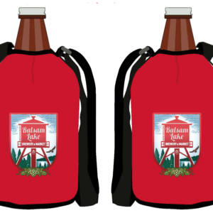 Two red beer bottles with the Growler Koozie logo on them.