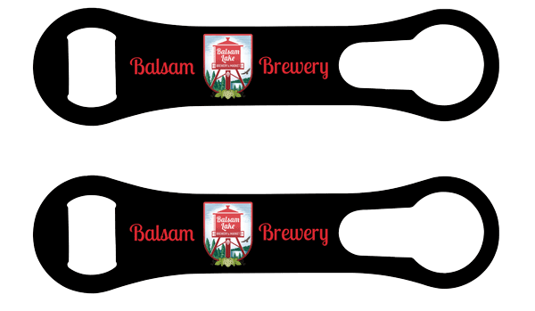Two black and red bottle opener with Balsam Brewery in writing and the Balsam Lake Brewery Logo