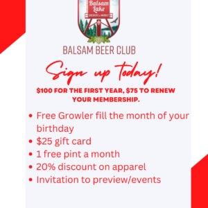 Advertisement for balsam beer club membership with special offers and discounts for joining.