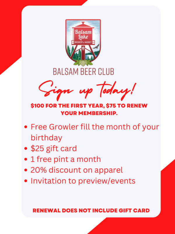 Advertisement for balsam beer club membership with special offers and discounts for joining.