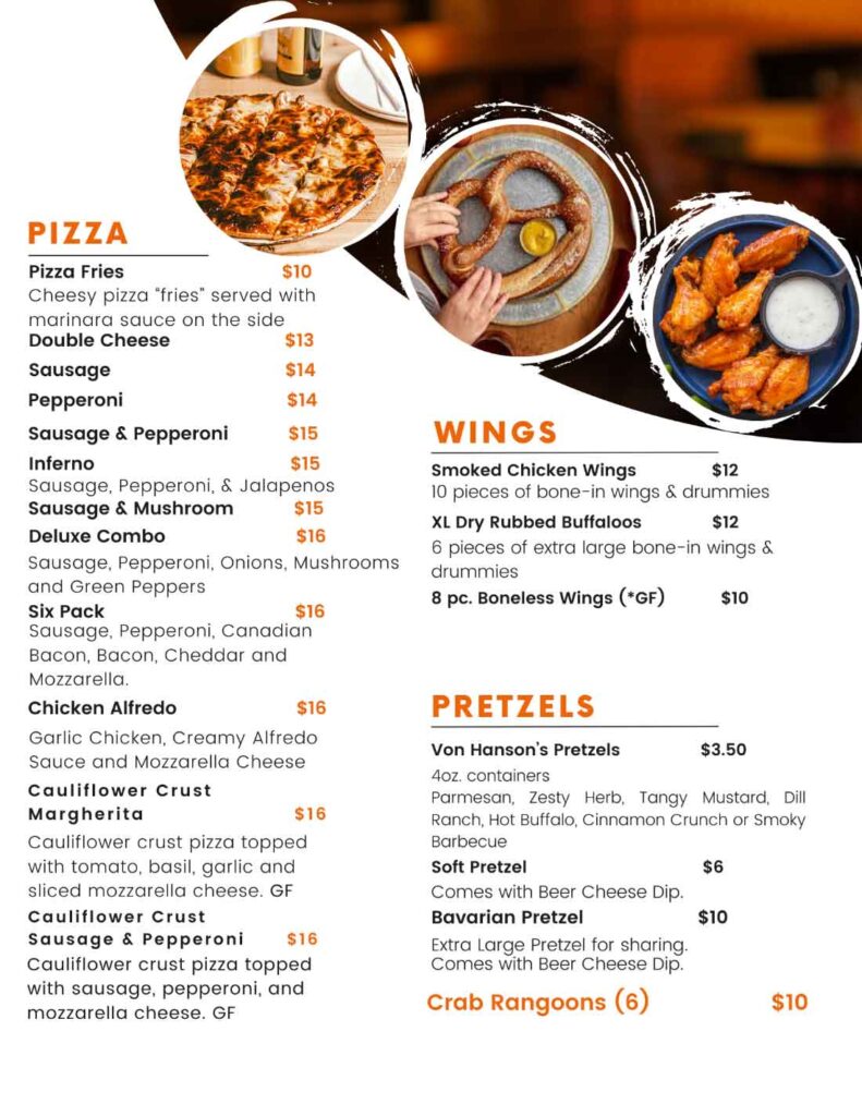 A menu for a restaurant with pizza and wings.