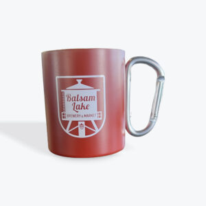 Red Carabiner Metal Cup with "balsam lake brewery & market" logo, isolated on a white background.