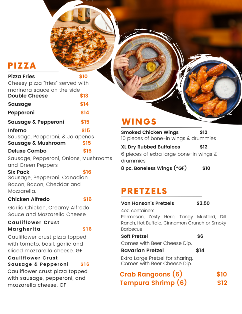 Menu of a pizzeria featuring a variety of dishes including pizzas with different toppings, wings, pretzels, and crab rangoons, along with prices.
