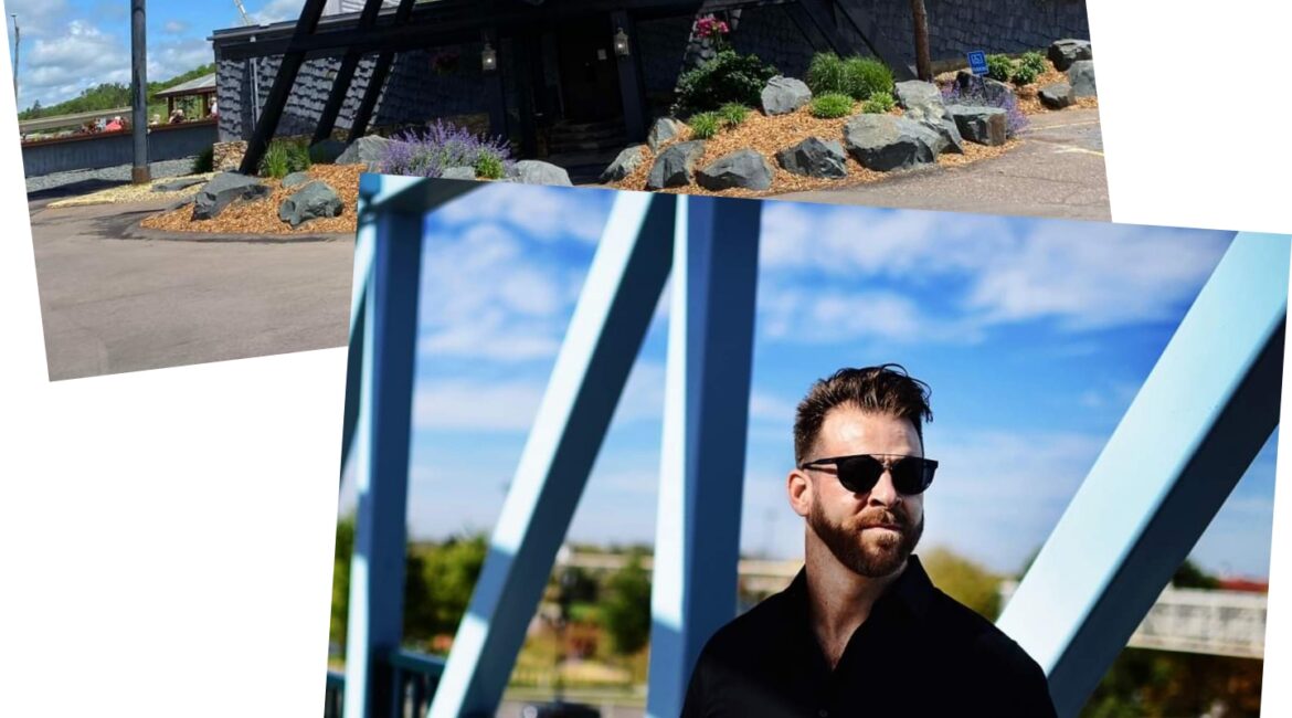 Collage with two images: the top shows the exterior of a restaurant with modern architecture; the bottom depicts a man in sunglasses and a black shirt standing on a bridge, with a cityscape in the background.