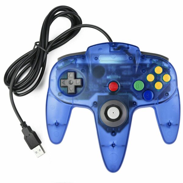 Blue translucent controller for Nintendo 64 featuring a USB cable.