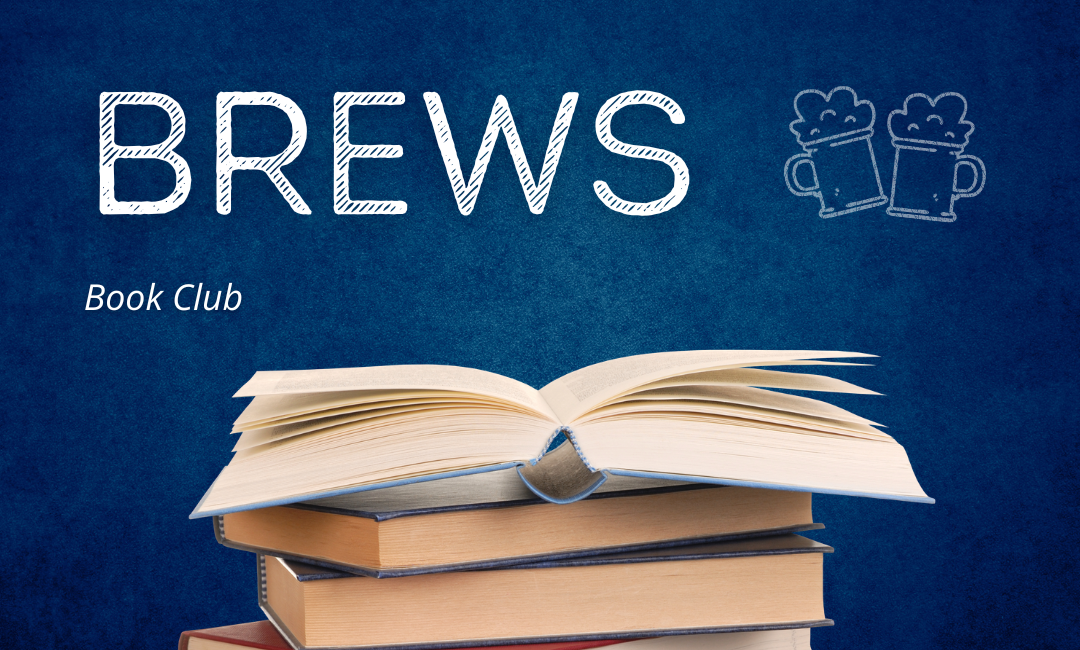 A stack of books with an open book on top against a blue background. Text reads "BOOKS & BREWS Book Club," with two illustrated beer mugs. Basan Lake Public Library logo is in the corner.