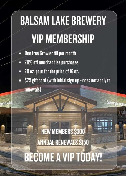 Promotional advertisement for Balsam Lake Brewery VIP Club Membership benefits.