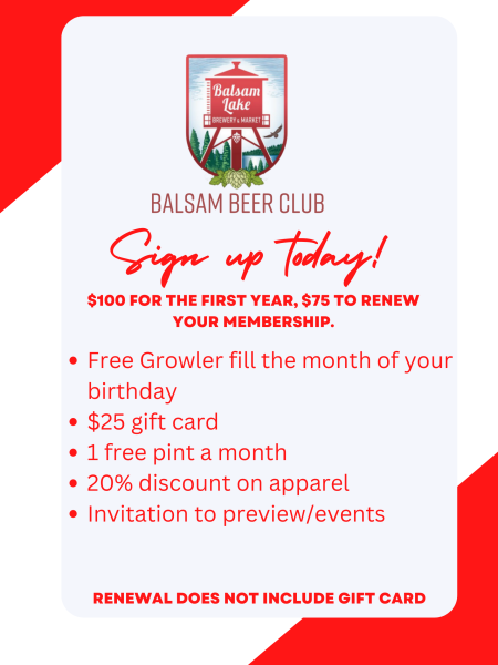Advertisement for balsam beer club membership with special offers and discounts for joining.